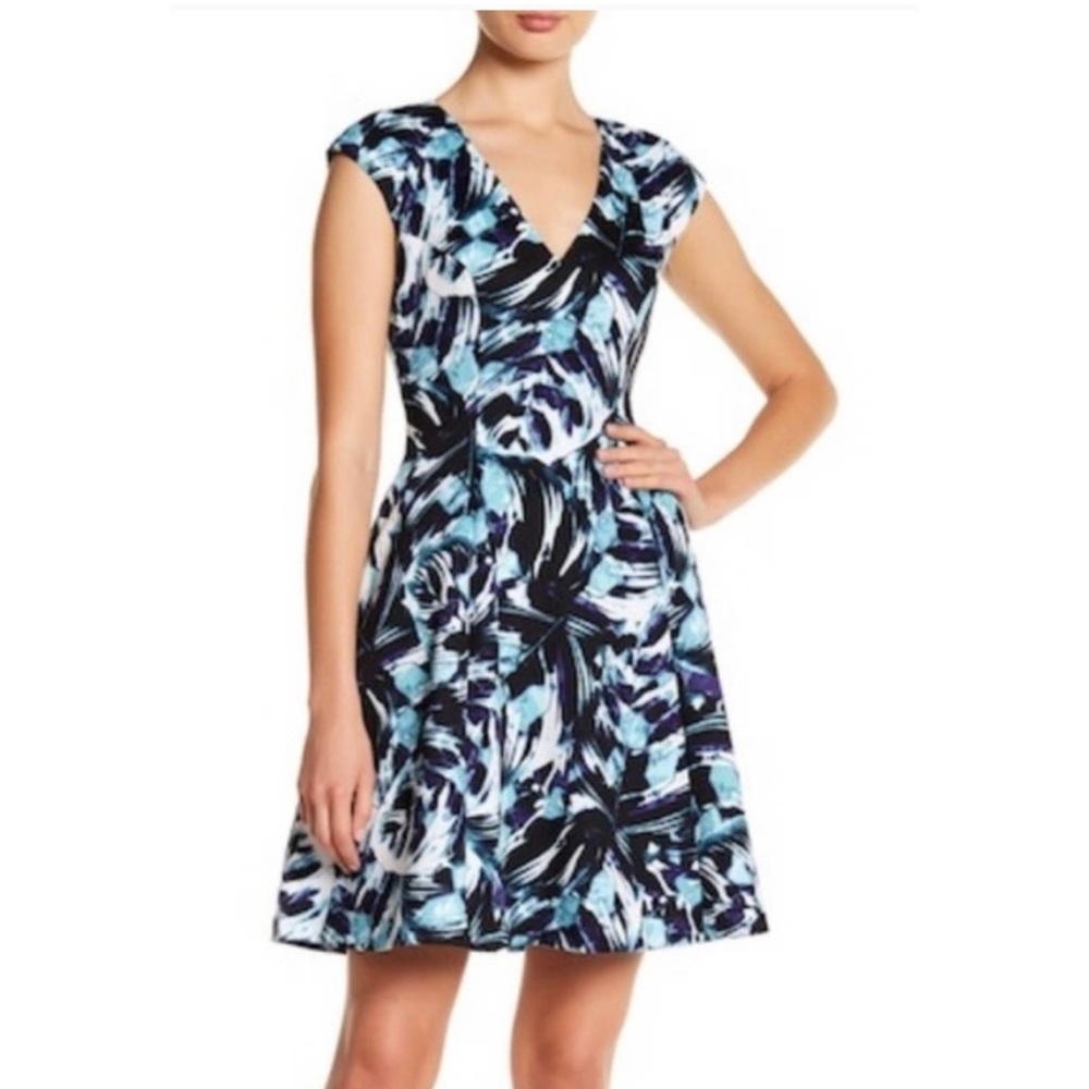 Vince Camuto Ponte Knit Fit & Flare Dress Womens Size 8 Teal Print Scuba